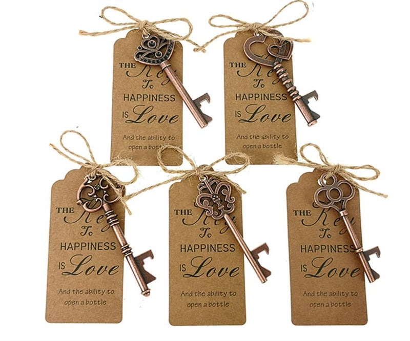 ALIMITOPIA أليميتوبيا 50 قطعة مفتاح هيكل عظمي فتاحة زجاجات هدايا حفلة زفاف مع بطاقة مرافقة وحبل جوت (لون نحاسي) - Image 1